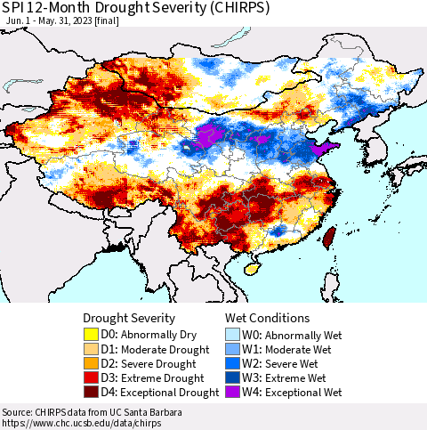 China, Mongolia and Taiwan SPI 12-Month Drought Severity (CHIRPS) Thematic Map For 6/1/2022 - 5/31/2023