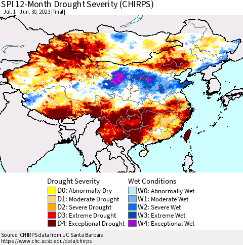 China, Mongolia and Taiwan SPI 12-Month Drought Severity (CHIRPS) Thematic Map For 7/1/2022 - 6/30/2023