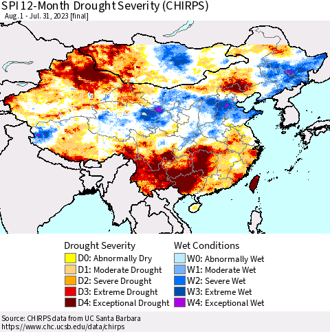 China, Mongolia and Taiwan SPI 12-Month Drought Severity (CHIRPS) Thematic Map For 8/1/2022 - 7/31/2023