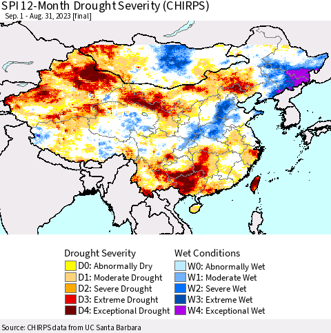 China, Mongolia and Taiwan SPI 12-Month Drought Severity (CHIRPS) Thematic Map For 9/1/2022 - 8/31/2023