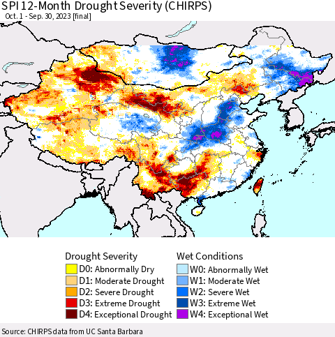 China, Mongolia and Taiwan SPI 12-Month Drought Severity (CHIRPS) Thematic Map For 10/1/2022 - 9/30/2023