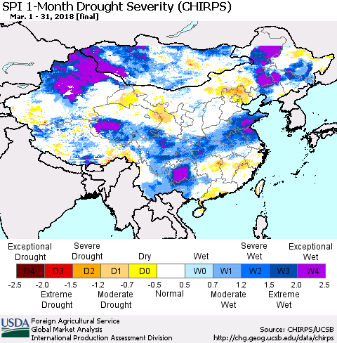 China, Mongolia and Taiwan SPI 1-Month Drought Severity (CHIRPS) Thematic Map For 3/1/2018 - 3/31/2018