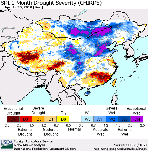 China, Mongolia and Taiwan SPI 1-Month Drought Severity (CHIRPS) Thematic Map For 4/1/2018 - 4/30/2018