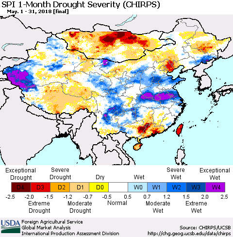 China, Mongolia and Taiwan SPI 1-Month Drought Severity (CHIRPS) Thematic Map For 5/1/2018 - 5/31/2018