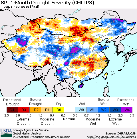 China, Mongolia and Taiwan SPI 1-Month Drought Severity (CHIRPS) Thematic Map For 6/1/2018 - 6/30/2018