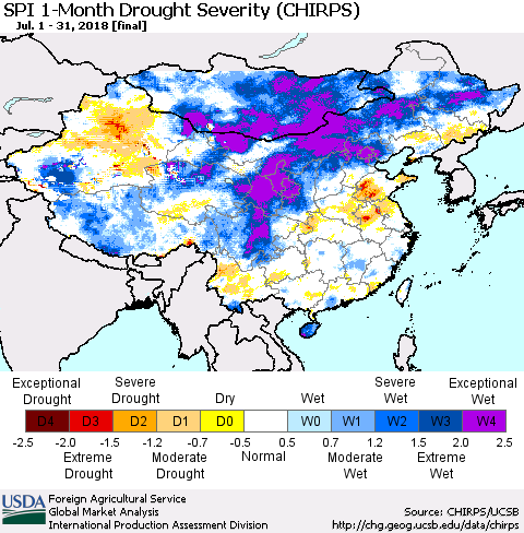 China, Mongolia and Taiwan SPI 1-Month Drought Severity (CHIRPS) Thematic Map For 7/1/2018 - 7/31/2018