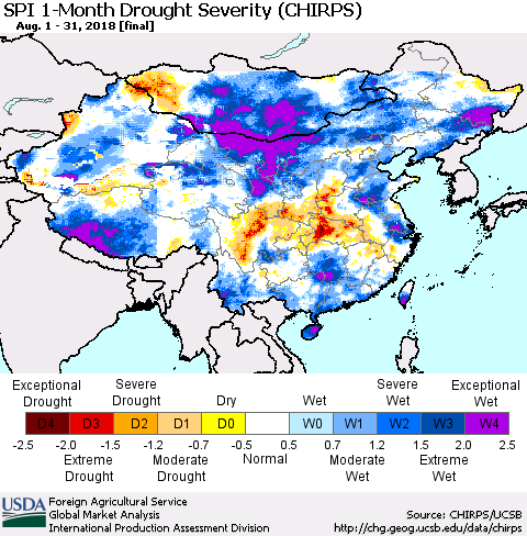 China, Mongolia and Taiwan SPI 1-Month Drought Severity (CHIRPS) Thematic Map For 8/1/2018 - 8/31/2018