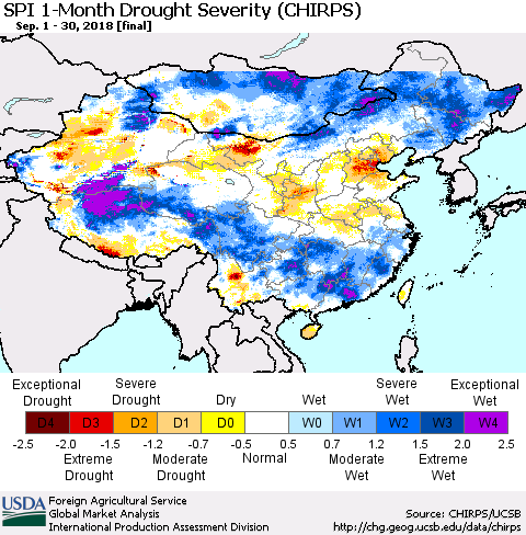 China and Taiwan SPI 1-Month Drought Severity (CHIRPS) Thematic Map For 9/1/2018 - 9/30/2018