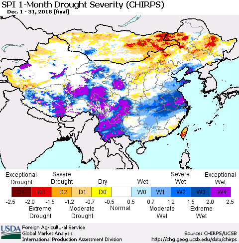 China, Mongolia and Taiwan SPI 1-Month Drought Severity (CHIRPS) Thematic Map For 12/1/2018 - 12/31/2018