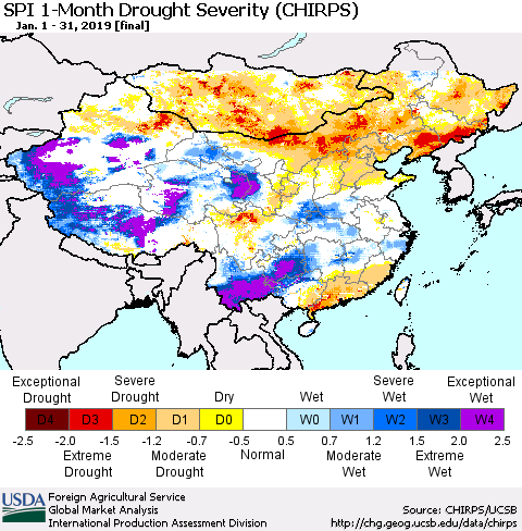 China, Mongolia and Taiwan SPI 1-Month Drought Severity (CHIRPS) Thematic Map For 1/1/2019 - 1/31/2019