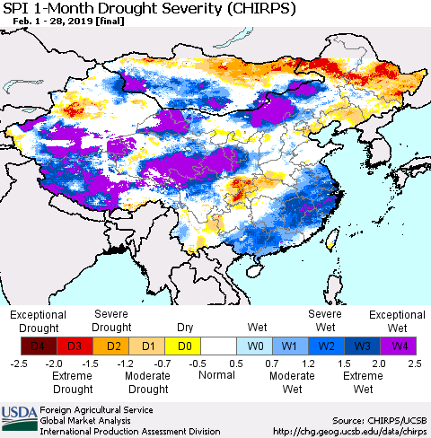 China and Taiwan SPI 1-Month Drought Severity (CHIRPS) Thematic Map For 2/1/2019 - 2/28/2019