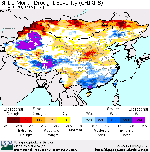 China and Taiwan SPI 1-Month Drought Severity (CHIRPS) Thematic Map For 3/1/2019 - 3/31/2019