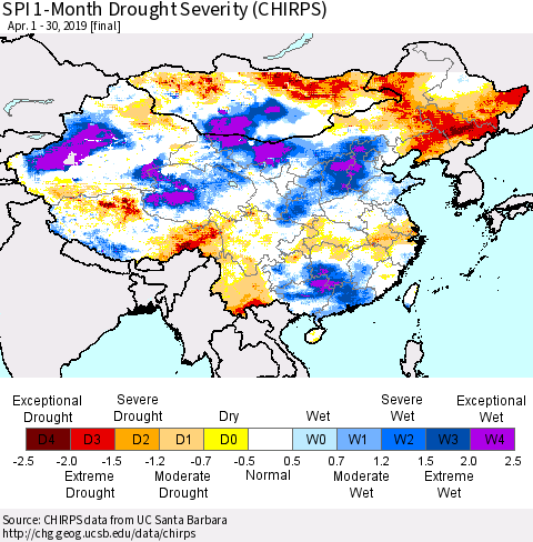 China and Taiwan SPI 1-Month Drought Severity (CHIRPS) Thematic Map For 4/1/2019 - 4/30/2019
