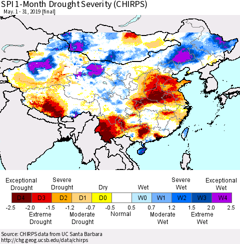 China, Mongolia and Taiwan SPI 1-Month Drought Severity (CHIRPS) Thematic Map For 5/1/2019 - 5/31/2019