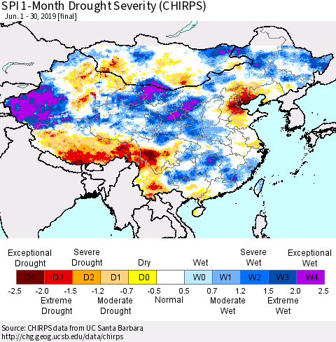 China and Taiwan SPI 1-Month Drought Severity (CHIRPS) Thematic Map For 6/1/2019 - 6/30/2019