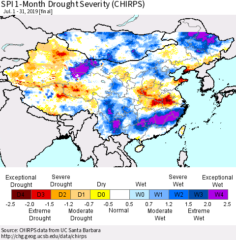 China and Taiwan SPI 1-Month Drought Severity (CHIRPS) Thematic Map For 7/1/2019 - 7/31/2019