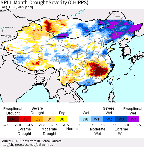 China and Taiwan SPI 1-Month Drought Severity (CHIRPS) Thematic Map For 8/1/2019 - 8/31/2019