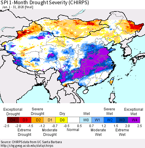 China, Mongolia and Taiwan SPI 1-Month Drought Severity (CHIRPS) Thematic Map For 1/1/2020 - 1/31/2020