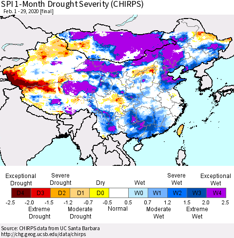 China, Mongolia and Taiwan SPI 1-Month Drought Severity (CHIRPS) Thematic Map For 2/1/2020 - 2/29/2020