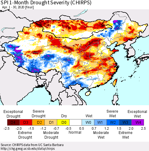 China, Mongolia and Taiwan SPI 1-Month Drought Severity (CHIRPS) Thematic Map For 4/1/2020 - 4/30/2020