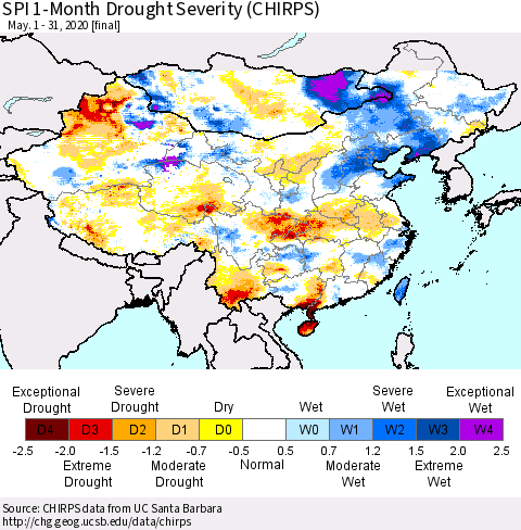 China, Mongolia and Taiwan SPI 1-Month Drought Severity (CHIRPS) Thematic Map For 5/1/2020 - 5/31/2020
