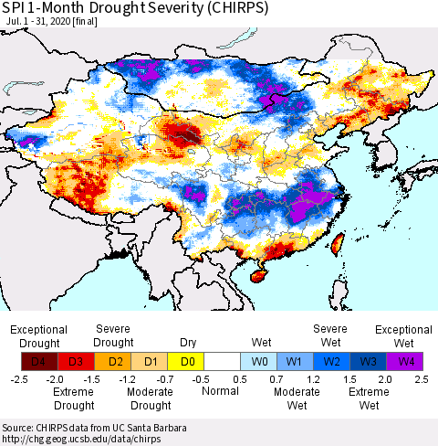 China, Mongolia and Taiwan SPI 1-Month Drought Severity (CHIRPS) Thematic Map For 7/1/2020 - 7/31/2020