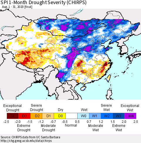 China, Mongolia and Taiwan SPI 1-Month Drought Severity (CHIRPS) Thematic Map For 8/1/2020 - 8/31/2020