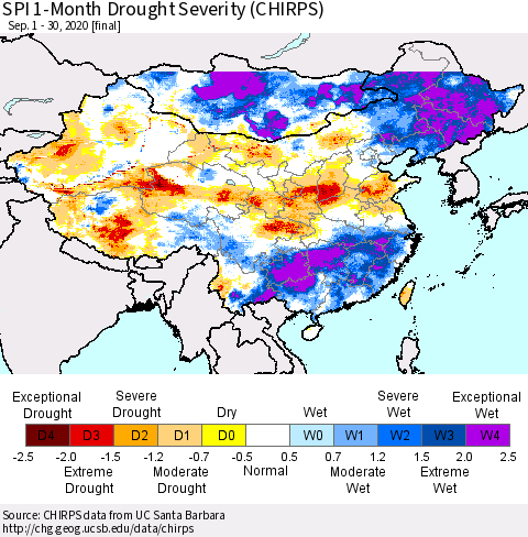China, Mongolia and Taiwan SPI 1-Month Drought Severity (CHIRPS) Thematic Map For 9/1/2020 - 9/30/2020