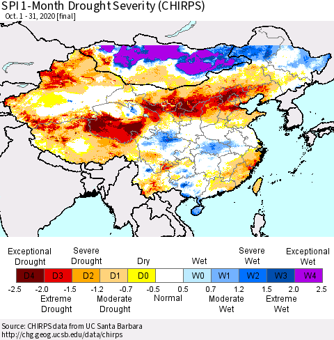 China, Mongolia and Taiwan SPI 1-Month Drought Severity (CHIRPS) Thematic Map For 10/1/2020 - 10/31/2020
