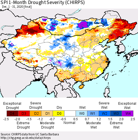 China, Mongolia and Taiwan SPI 1-Month Drought Severity (CHIRPS) Thematic Map For 12/1/2020 - 12/31/2020
