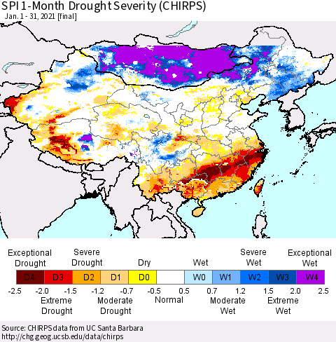 China, Mongolia and Taiwan SPI 1-Month Drought Severity (CHIRPS) Thematic Map For 1/1/2021 - 1/31/2021