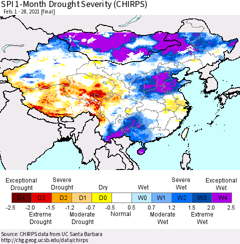 China, Mongolia and Taiwan SPI 1-Month Drought Severity (CHIRPS) Thematic Map For 2/1/2021 - 2/28/2021