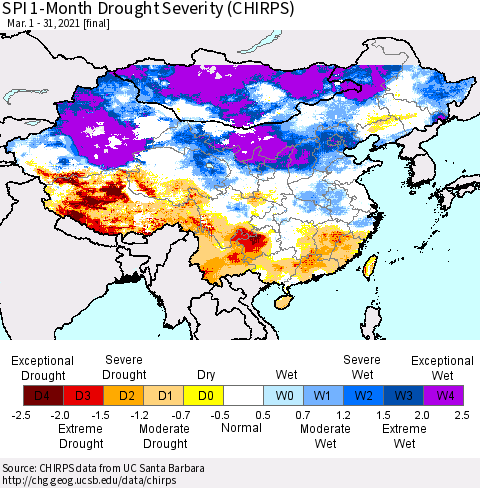 China, Mongolia and Taiwan SPI 1-Month Drought Severity (CHIRPS) Thematic Map For 3/1/2021 - 3/31/2021