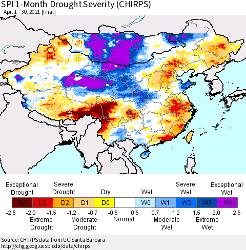 China, Mongolia and Taiwan SPI 1-Month Drought Severity (CHIRPS) Thematic Map For 4/1/2021 - 4/30/2021
