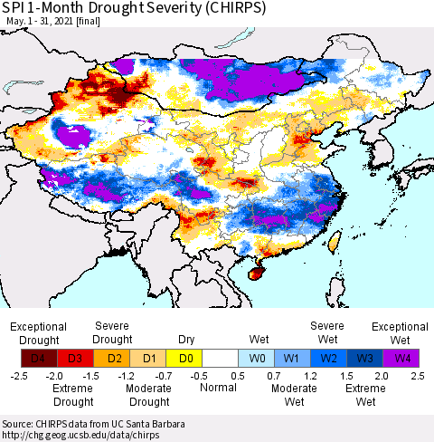 China, Mongolia and Taiwan SPI 1-Month Drought Severity (CHIRPS) Thematic Map For 5/1/2021 - 5/31/2021
