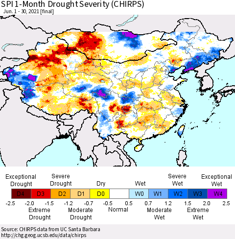 China, Mongolia and Taiwan SPI 1-Month Drought Severity (CHIRPS) Thematic Map For 6/1/2021 - 6/30/2021