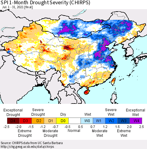 China, Mongolia and Taiwan SPI 1-Month Drought Severity (CHIRPS) Thematic Map For 7/1/2021 - 7/31/2021