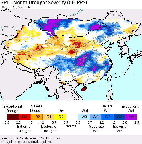 China, Mongolia and Taiwan SPI 1-Month Drought Severity (CHIRPS) Thematic Map For 8/1/2021 - 8/31/2021