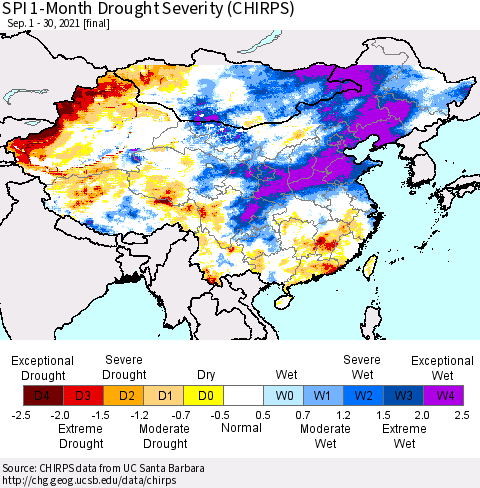 China, Mongolia and Taiwan SPI 1-Month Drought Severity (CHIRPS) Thematic Map For 9/1/2021 - 9/30/2021