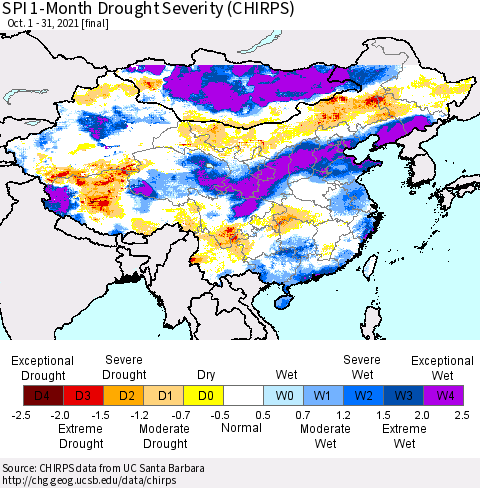 China, Mongolia and Taiwan SPI 1-Month Drought Severity (CHIRPS) Thematic Map For 10/1/2021 - 10/31/2021
