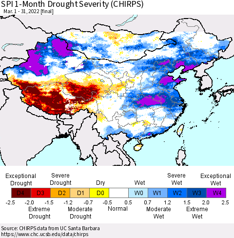 China, Mongolia and Taiwan SPI 1-Month Drought Severity (CHIRPS) Thematic Map For 3/1/2022 - 3/31/2022