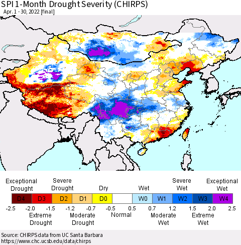 China, Mongolia and Taiwan SPI 1-Month Drought Severity (CHIRPS) Thematic Map For 4/1/2022 - 4/30/2022