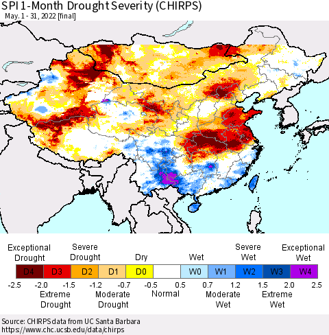 China, Mongolia and Taiwan SPI 1-Month Drought Severity (CHIRPS) Thematic Map For 5/1/2022 - 5/31/2022