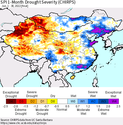 China, Mongolia and Taiwan SPI 1-Month Drought Severity (CHIRPS) Thematic Map For 6/1/2022 - 6/30/2022