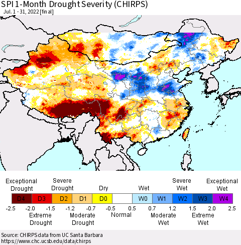 China, Mongolia and Taiwan SPI 1-Month Drought Severity (CHIRPS) Thematic Map For 7/1/2022 - 7/31/2022