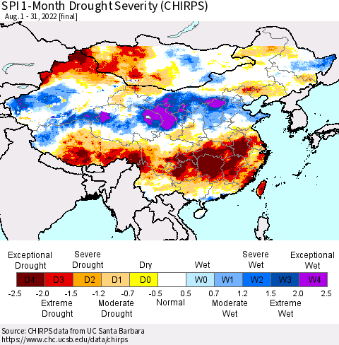 China, Mongolia and Taiwan SPI 1-Month Drought Severity (CHIRPS) Thematic Map For 8/1/2022 - 8/31/2022