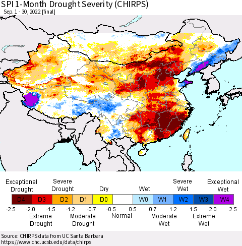 China, Mongolia and Taiwan SPI 1-Month Drought Severity (CHIRPS) Thematic Map For 9/1/2022 - 9/30/2022