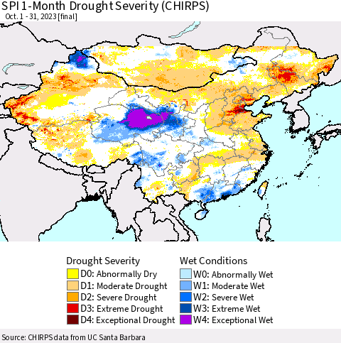 China, Mongolia and Taiwan SPI 1-Month Drought Severity (CHIRPS) Thematic Map For 10/1/2023 - 10/31/2023