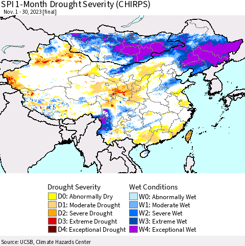 China, Mongolia and Taiwan SPI 1-Month Drought Severity (CHIRPS) Thematic Map For 11/1/2023 - 11/30/2023