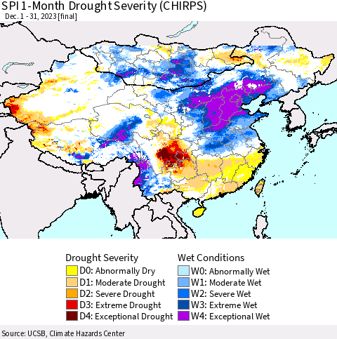 China, Mongolia and Taiwan SPI 1-Month Drought Severity (CHIRPS) Thematic Map For 12/1/2023 - 12/31/2023